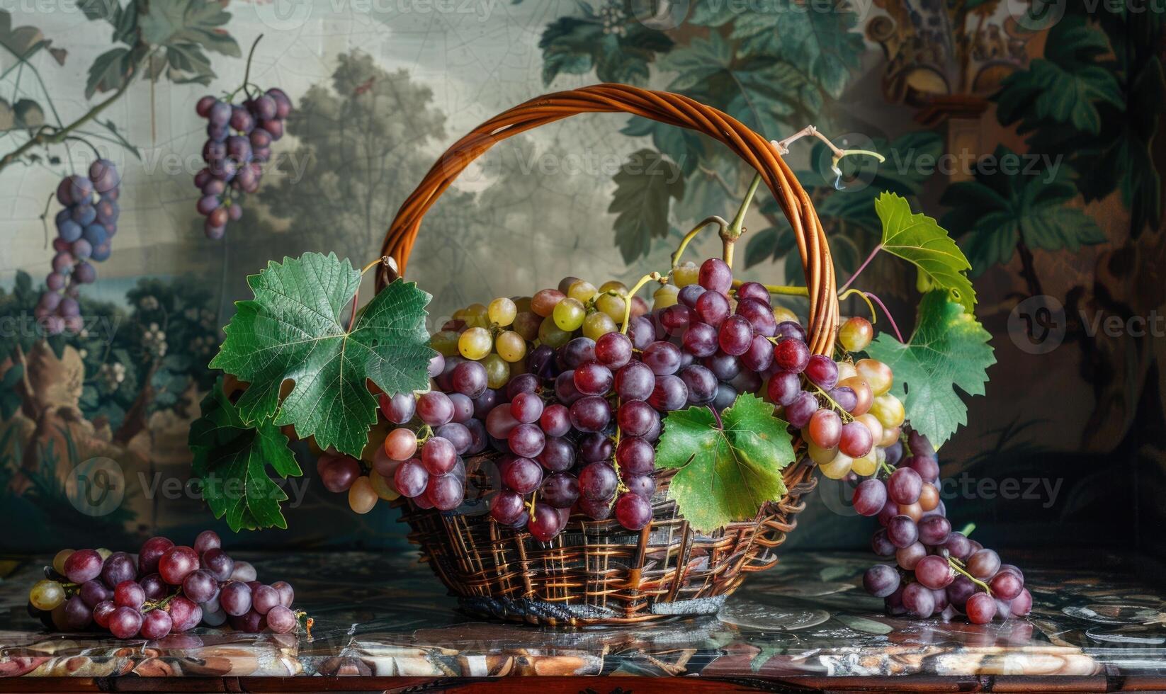 Grapes in a decorative basket with a countryside backdrop photo