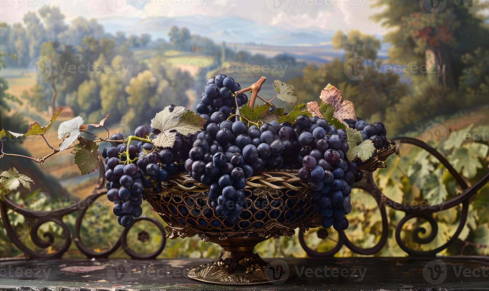 Grapes in a decorative basket with a countryside backdrop photo