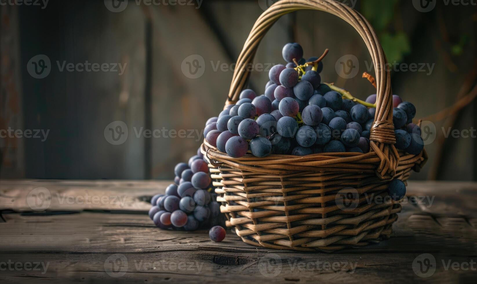 Grapes in a handcrafted wicker basket on a rustic table photo