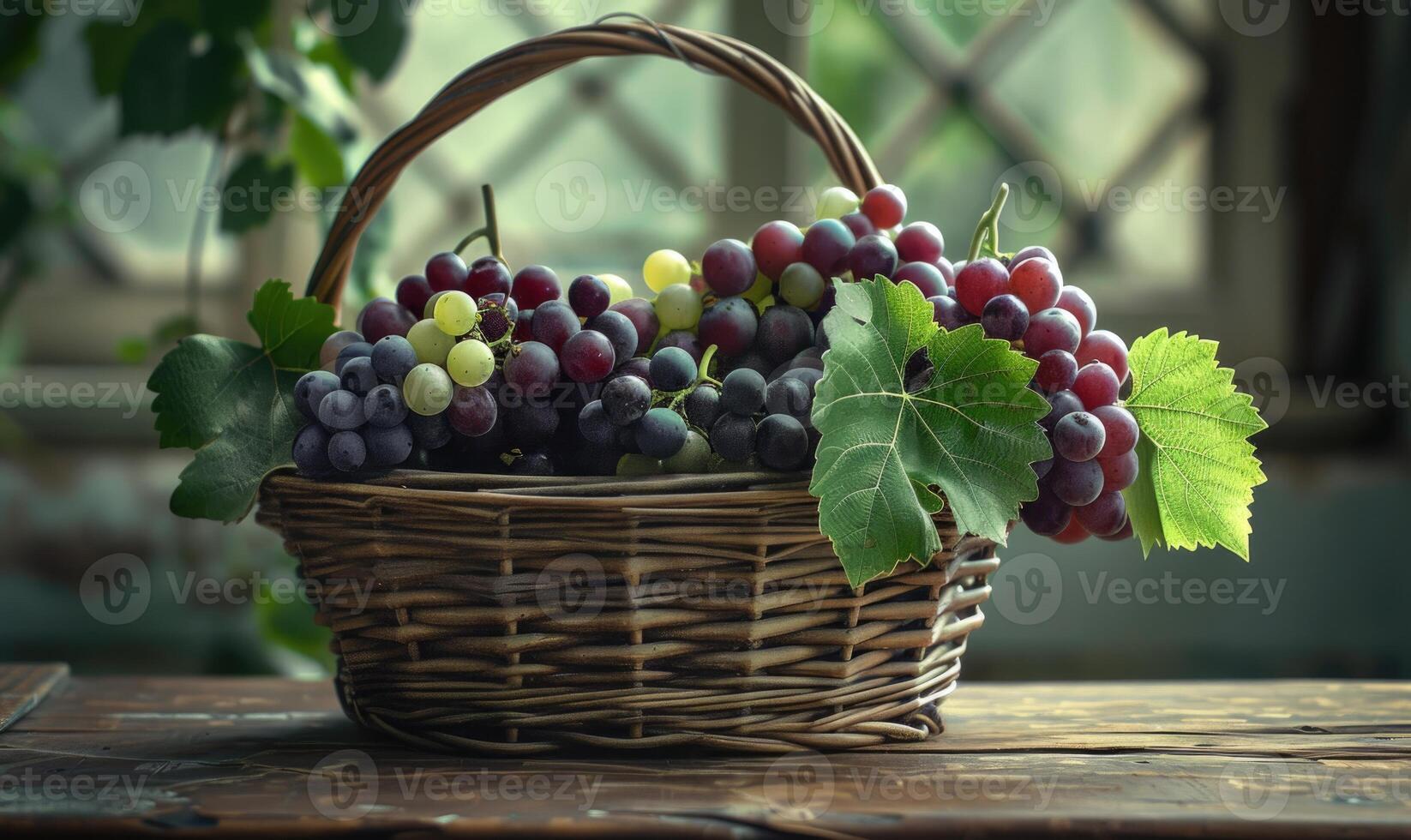 Grapes in a handcrafted wicker basket on a rustic table photo