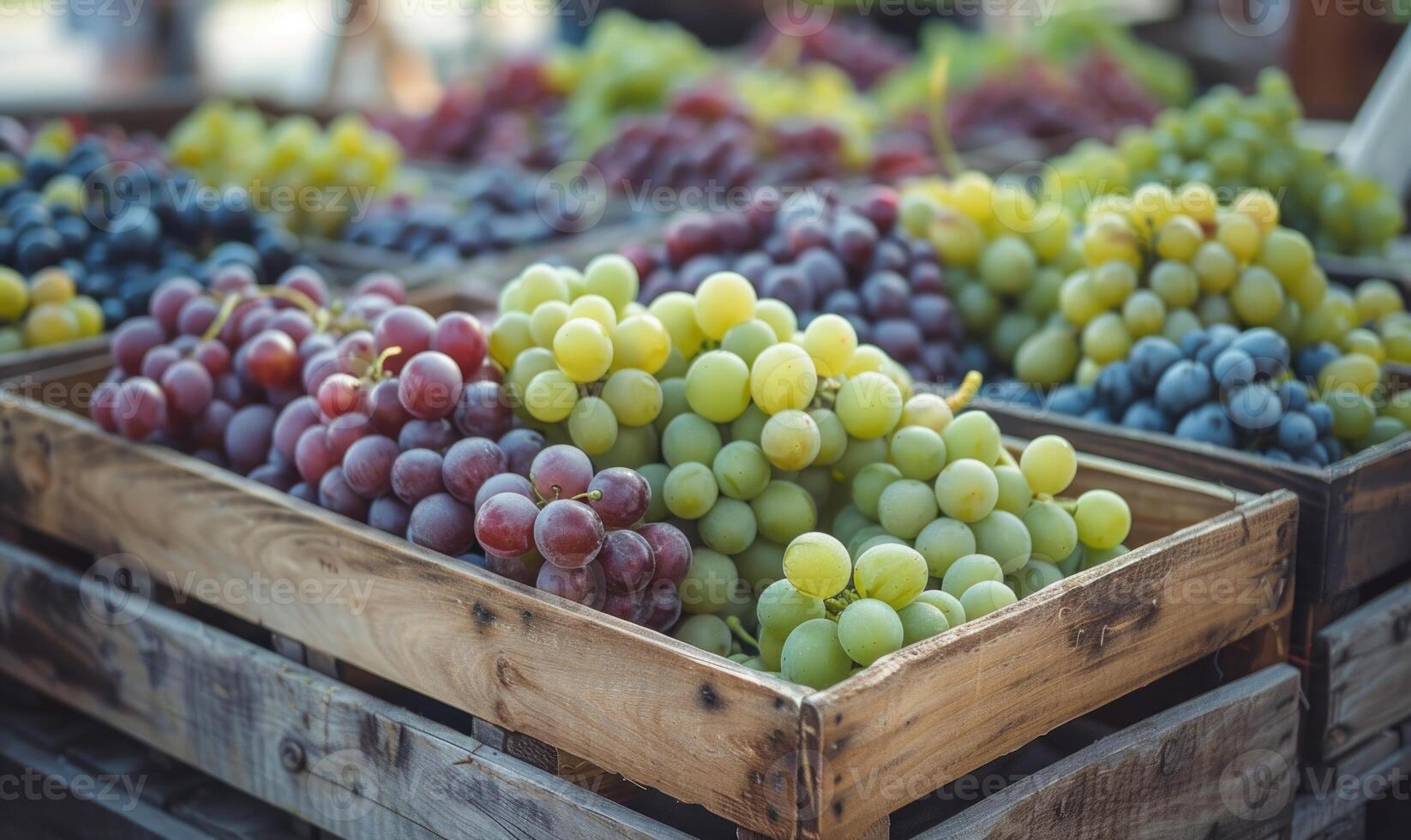 Grapes in a rustic crate at a farm market photo