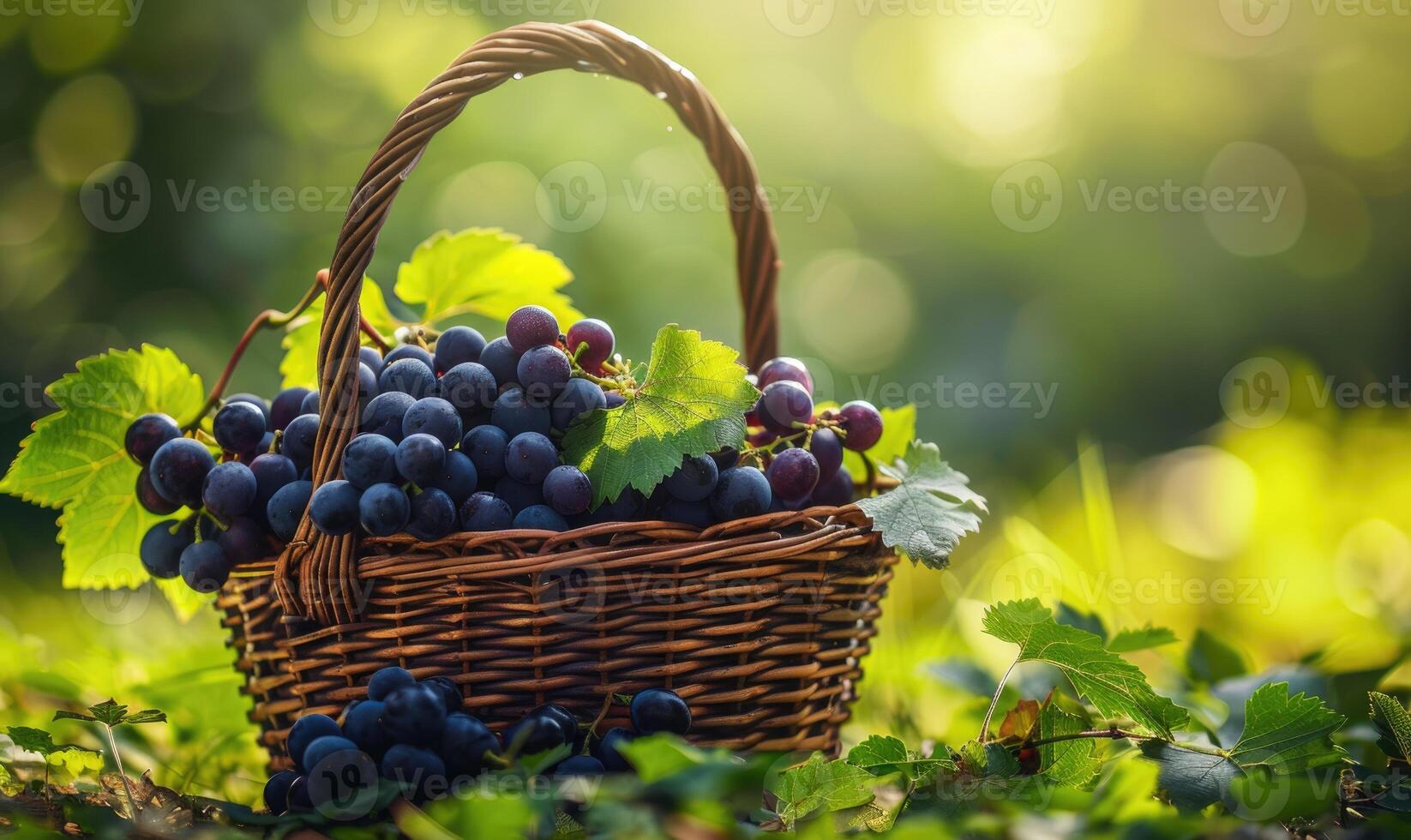 Grapes in a simple basket with a green countryside background photo
