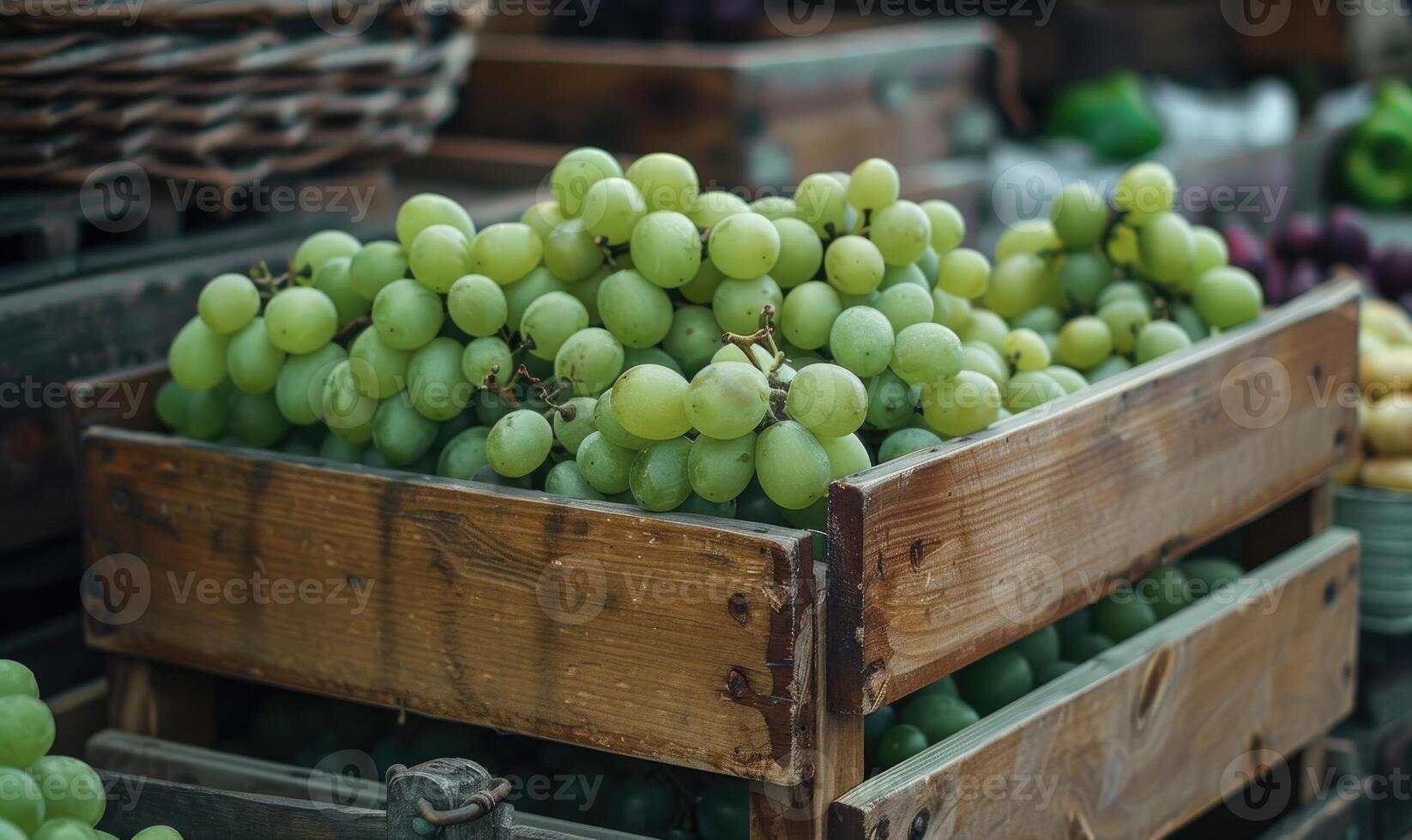 Grapes in a simple wooden box at a charming market stand photo