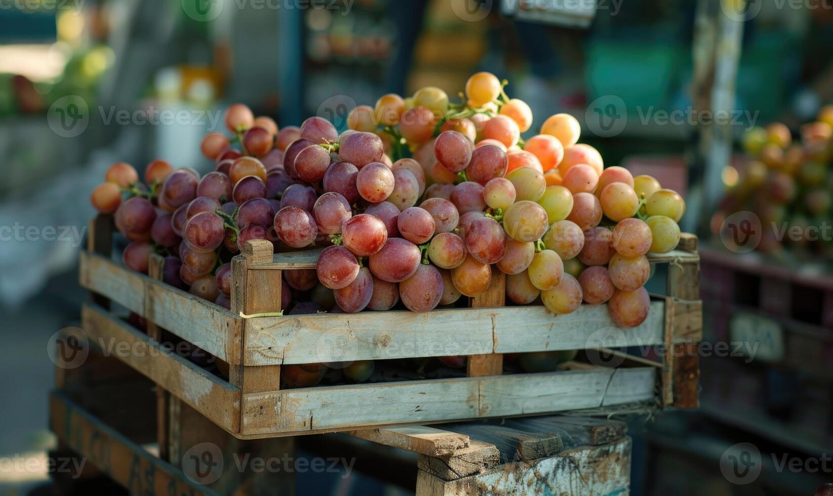 Grapes in a simple wooden box at a charming market stand photo