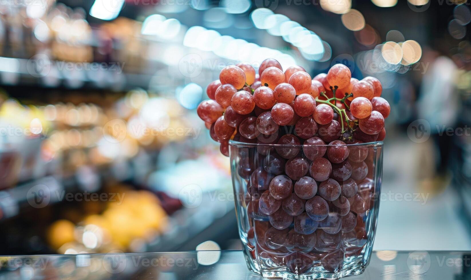 Grapes in a stylish glass container in grocery store photo