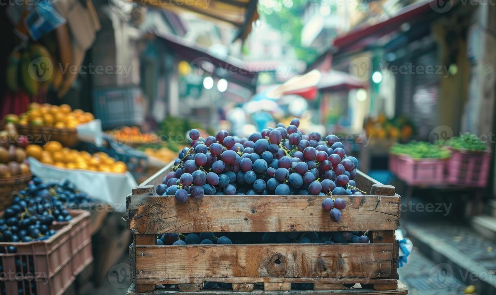 Grapes in a vintage crate at a quaint street market photo