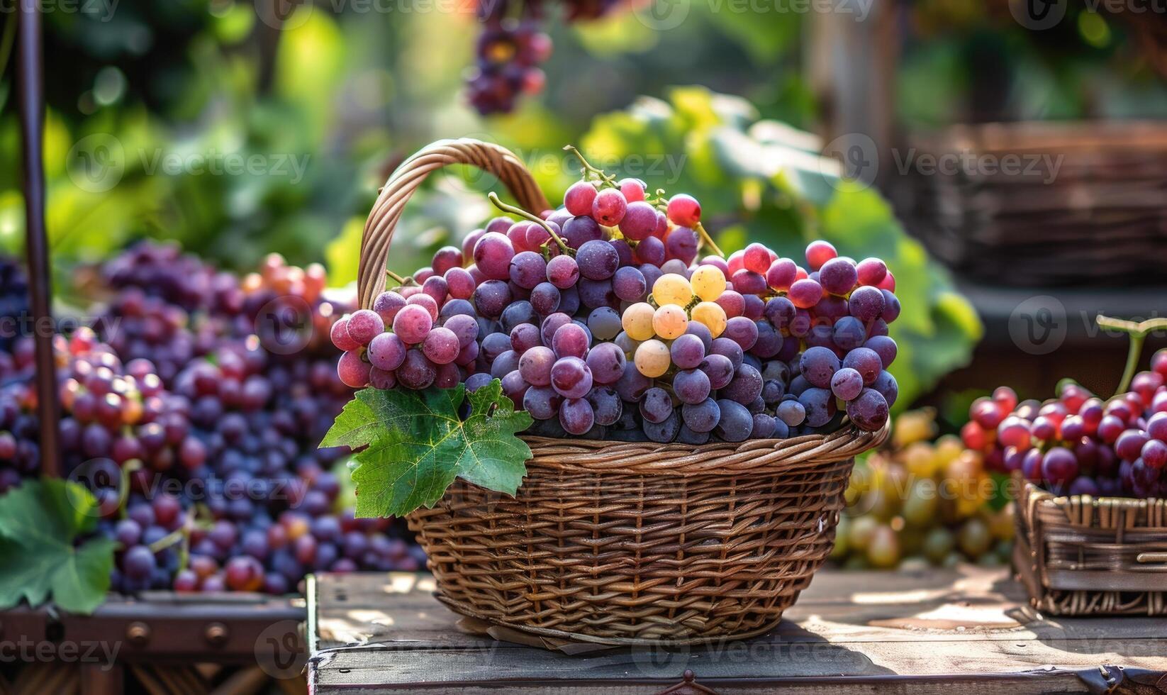 Grapes in a wicker basket on a farm market table photo