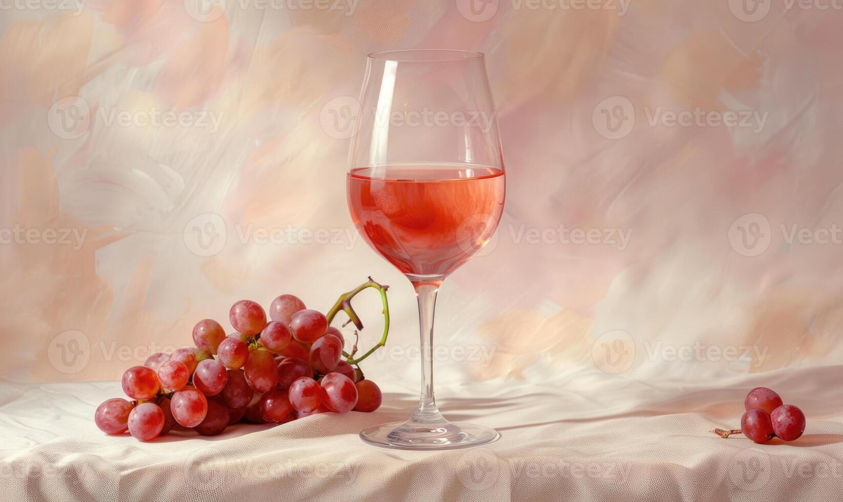 Grapes on a light pastel background with a glass of rose wine photo