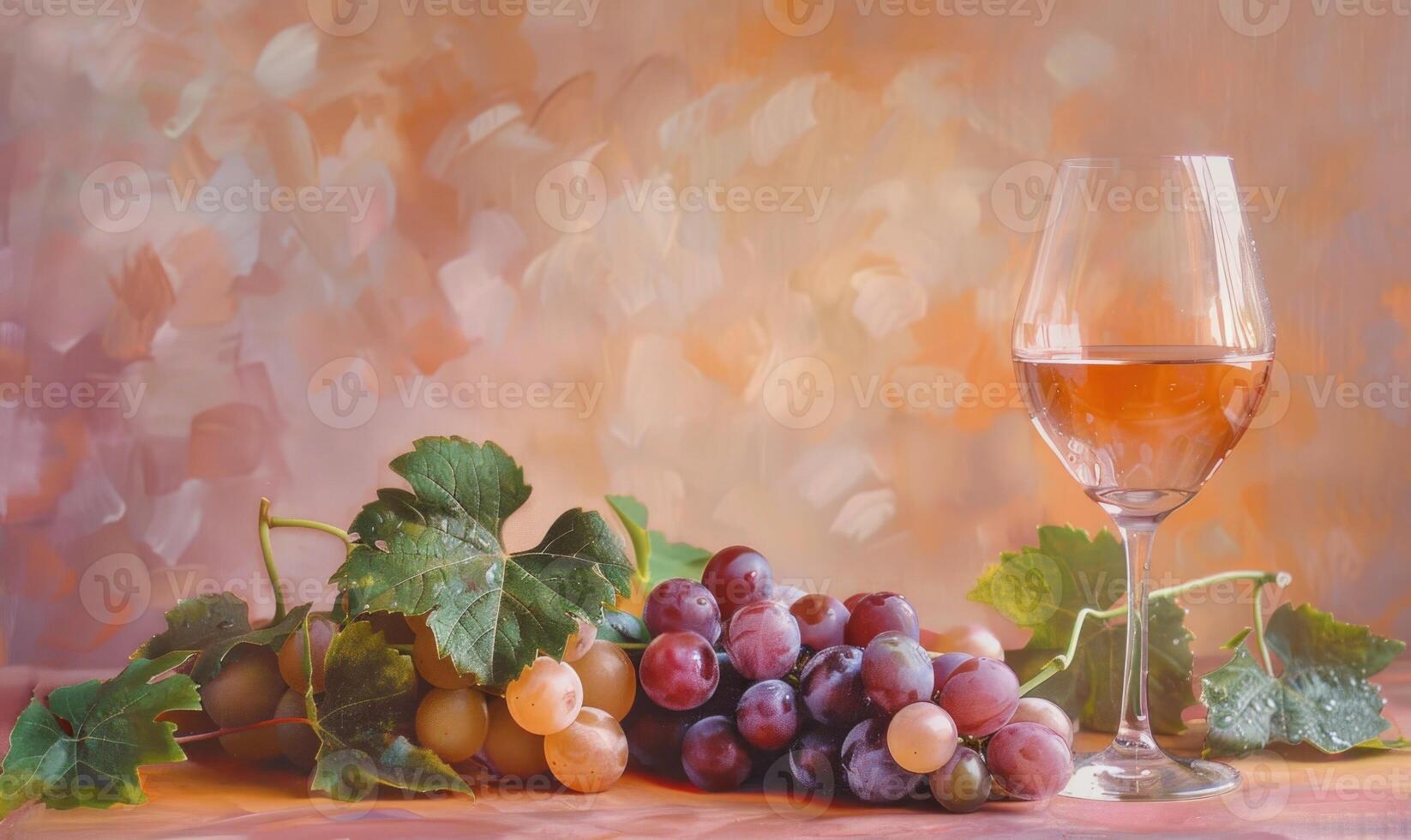 Grapes on a soft peach background with a glass of rose wine photo