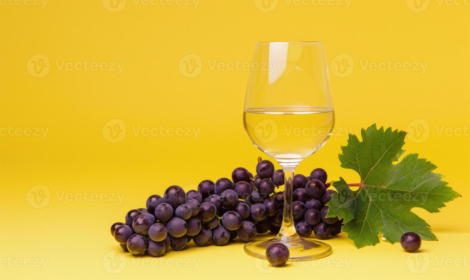 Grapes on a warm yellow background with a glass of white wine photo