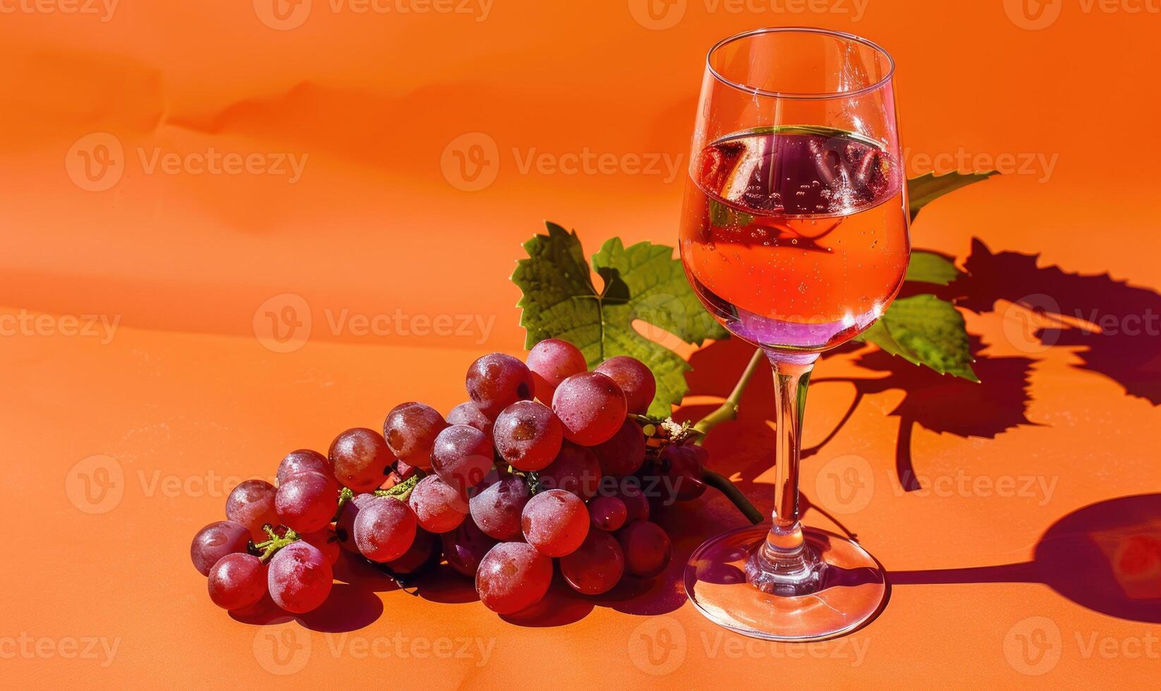 Grapes on a vibrant orange background with a glass of rose wine photo