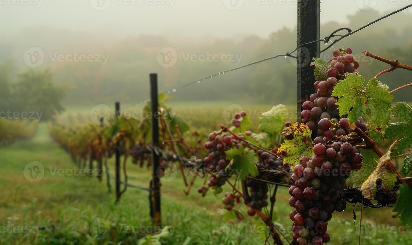 Grapes on the vine, early morning mist photo