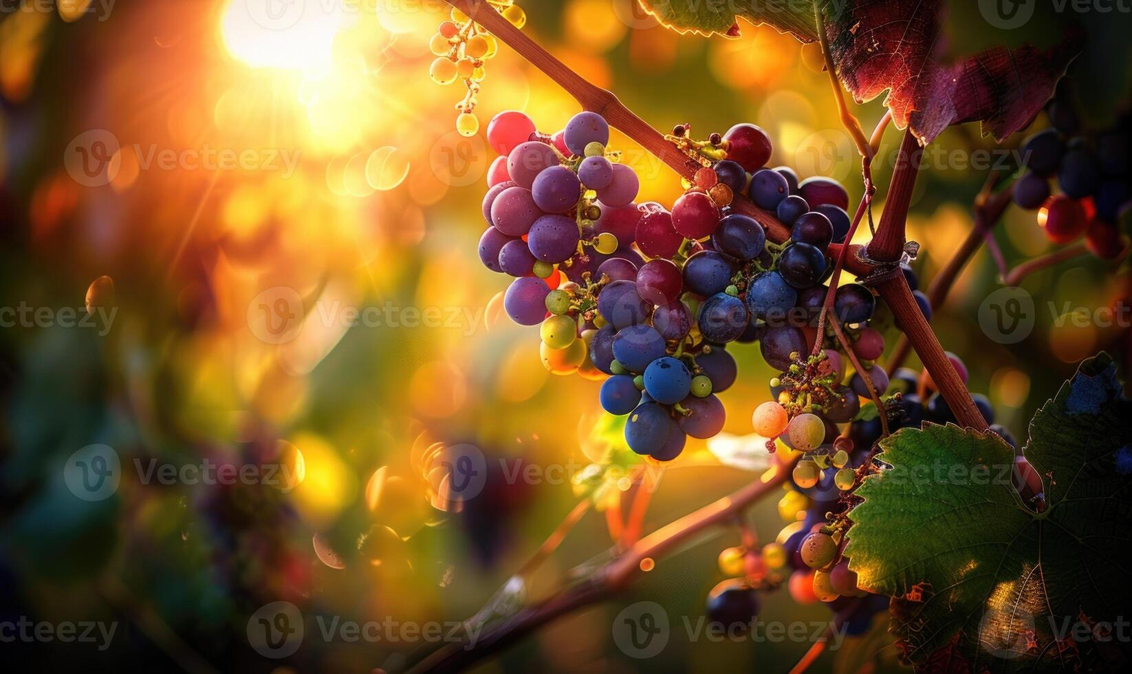 Grapes on vines with sun rays peeking through leaves photo