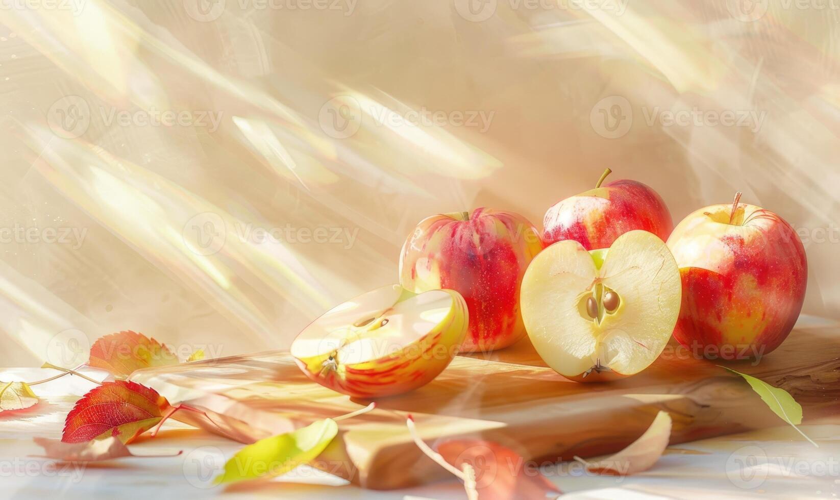Close-up view of fresh apple slices on a wooden board photo
