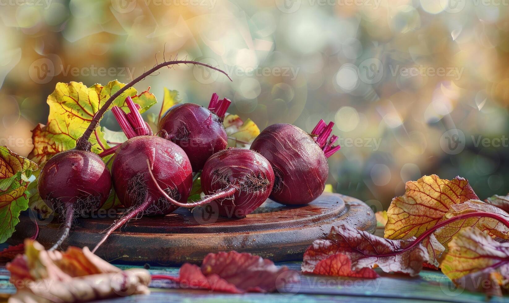 Close-up view of fresh beets on a wooden board photo