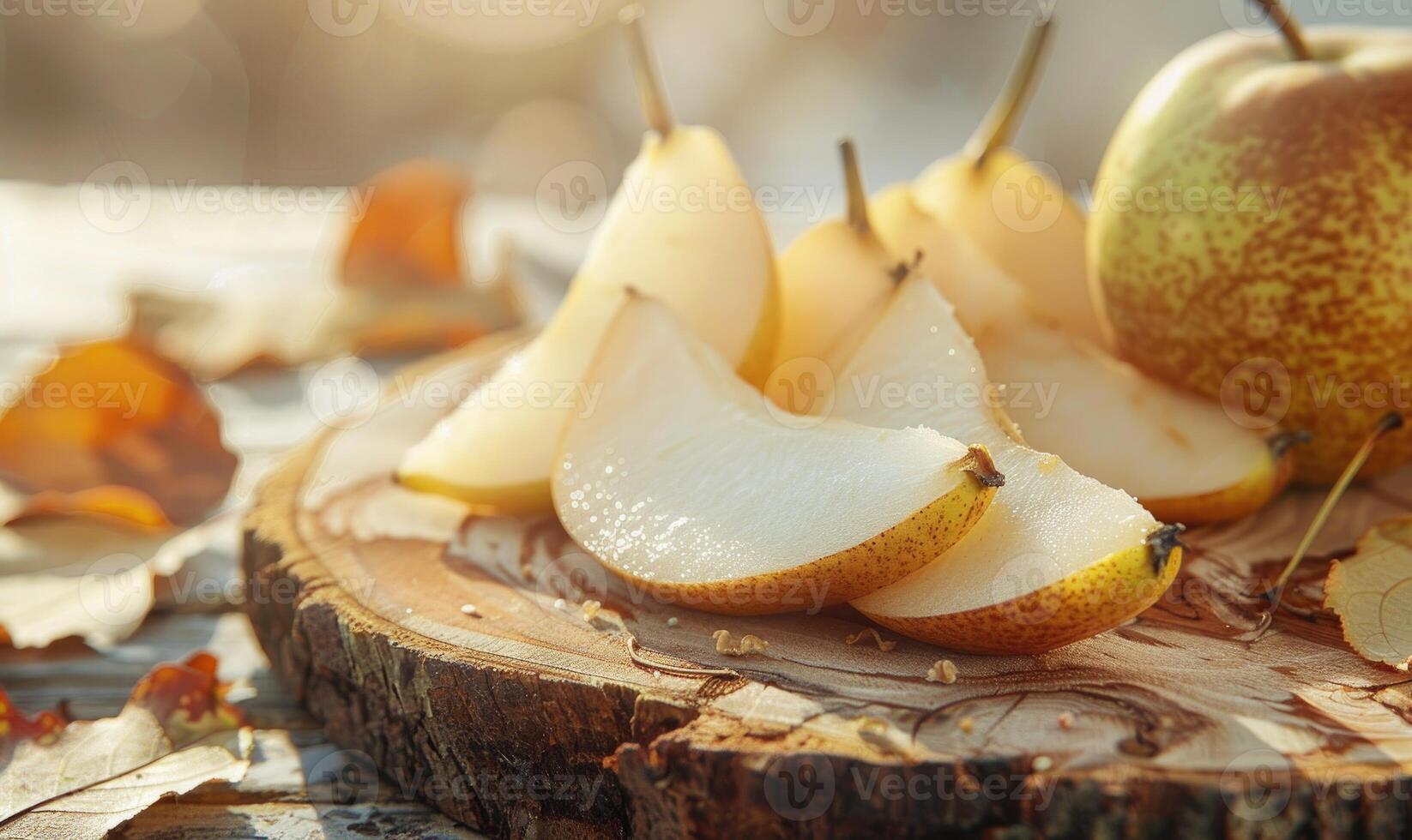 Close-up view of fresh pear slices on a wooden board photo