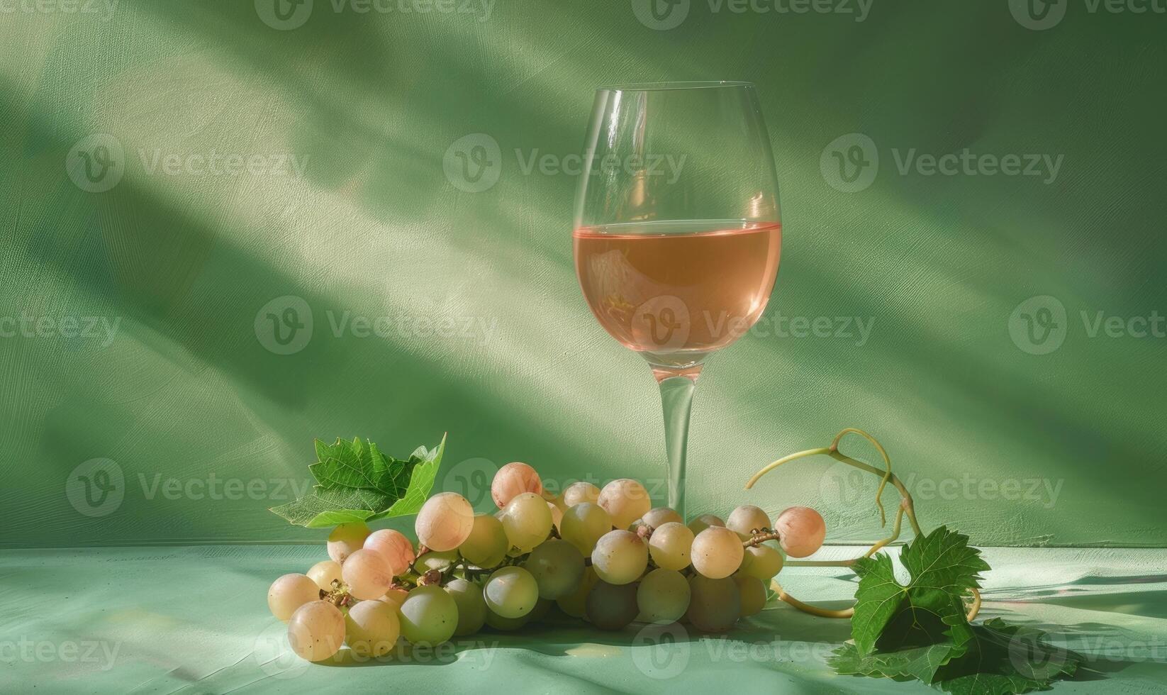 Grapes on a soft green background with a glass of rose wine photo