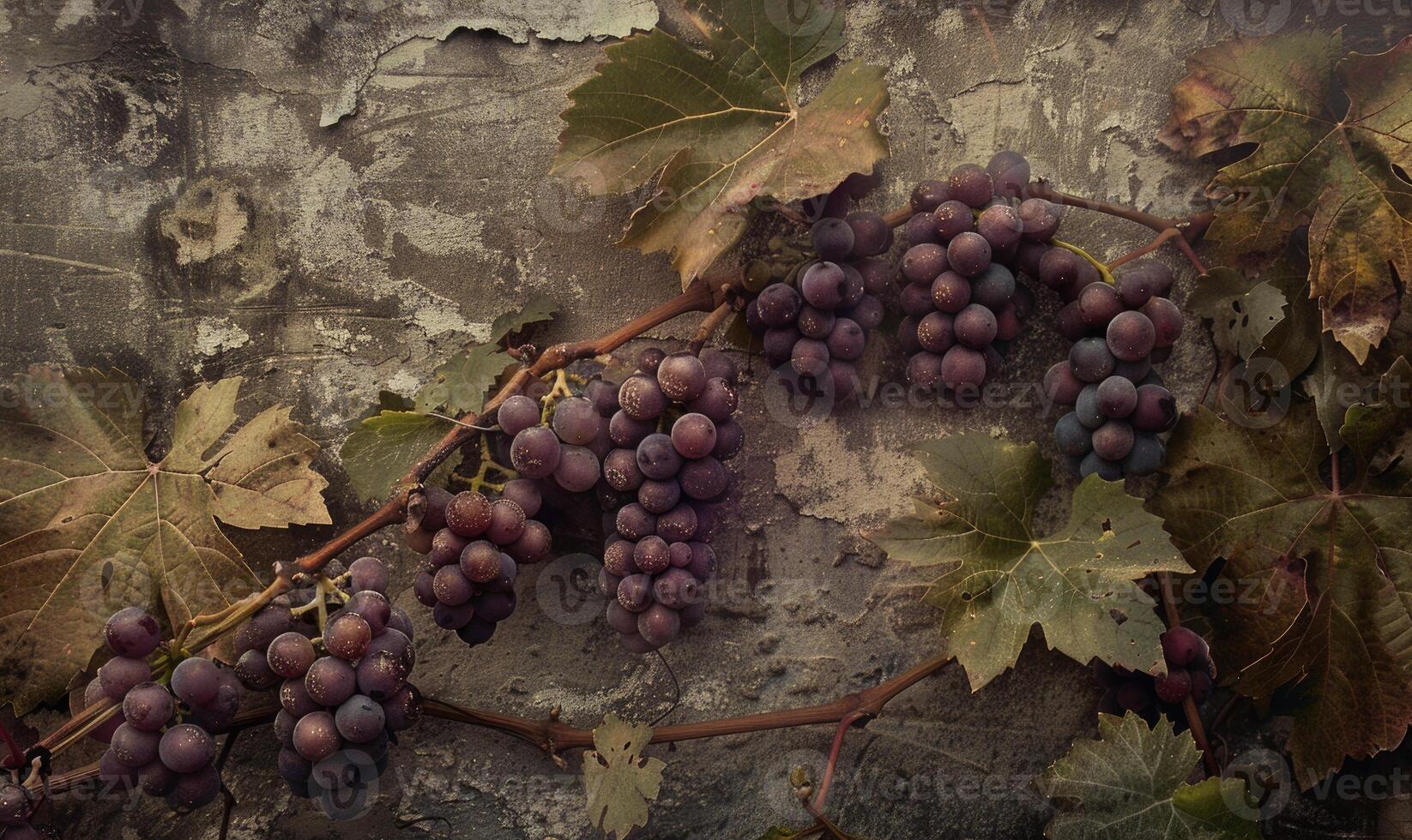 Grapes on vines with rustic vineyard setting photo