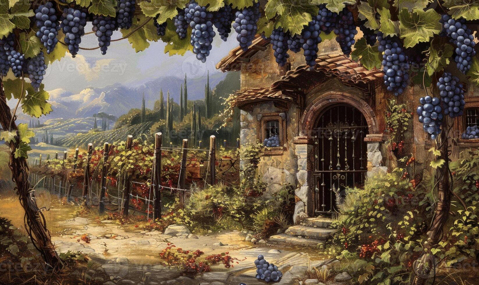 Grapes on vines with rustic vineyard setting photo