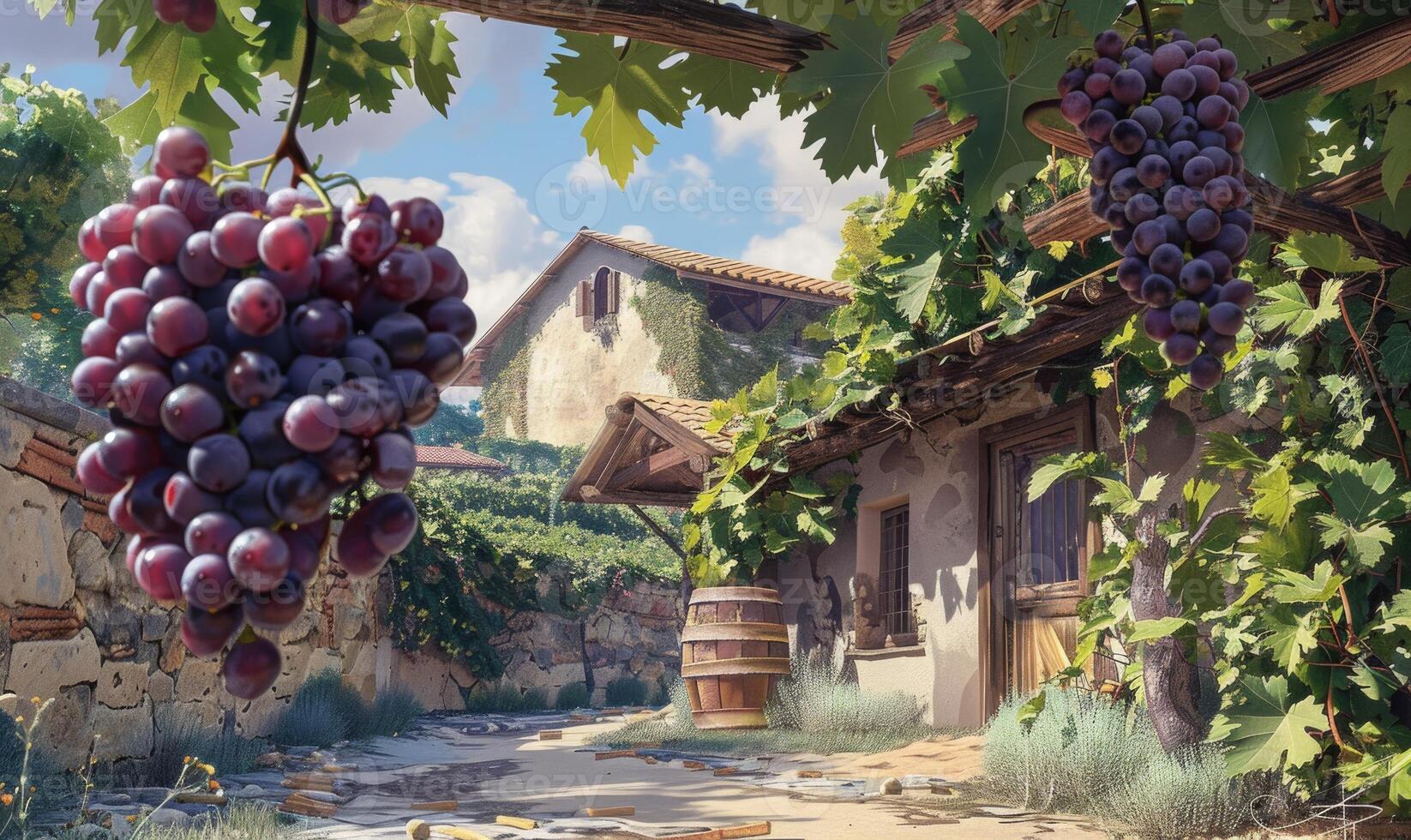 Grapes on vines with rustic vineyard setting photo