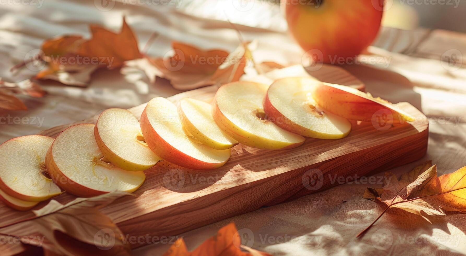 Close-up view of fresh apple slices on a wooden board photo
