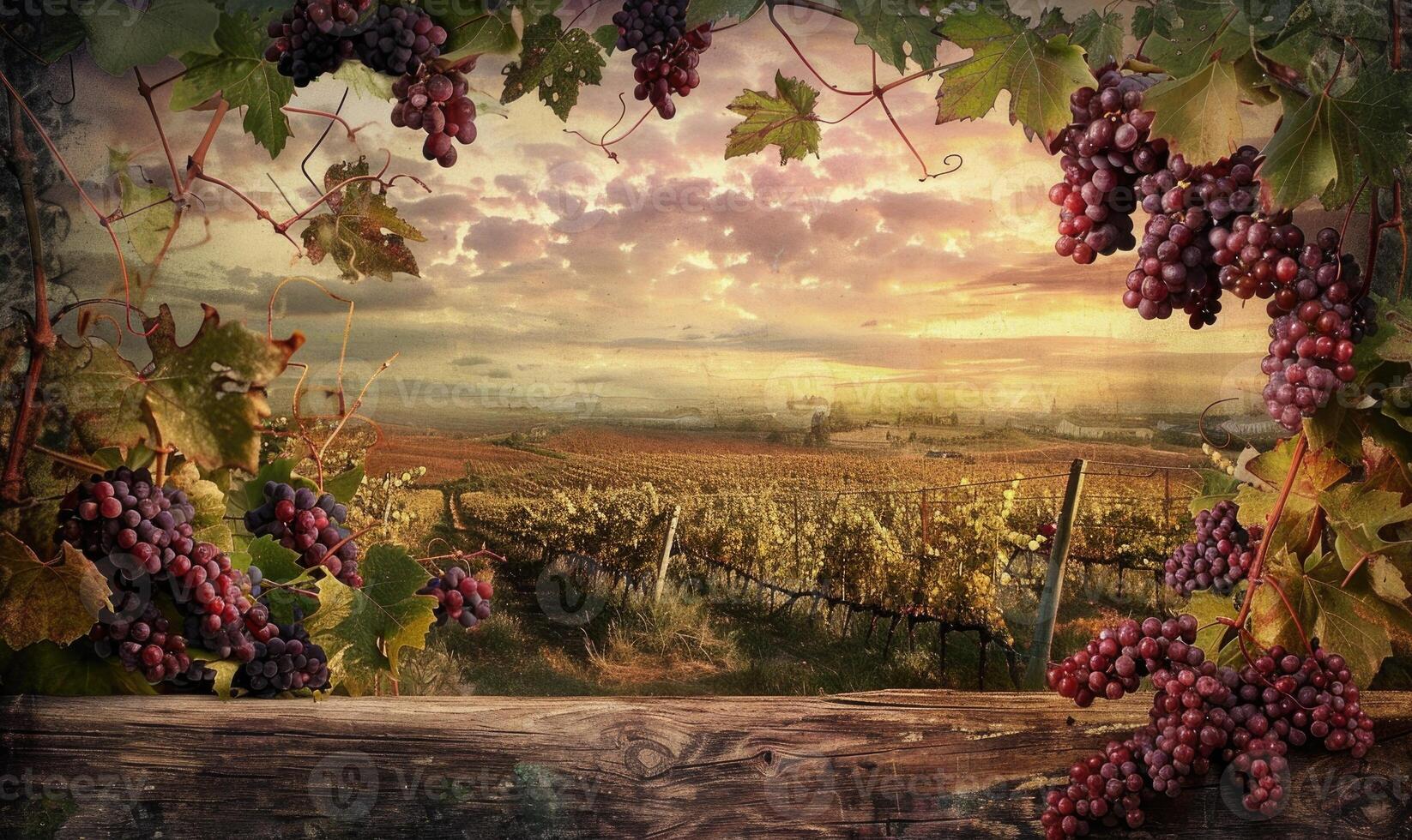 Grapes on vines with rustic vineyard setting photo