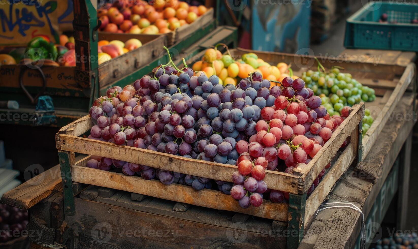 Grapes in a rustic box on a countryside market table photo