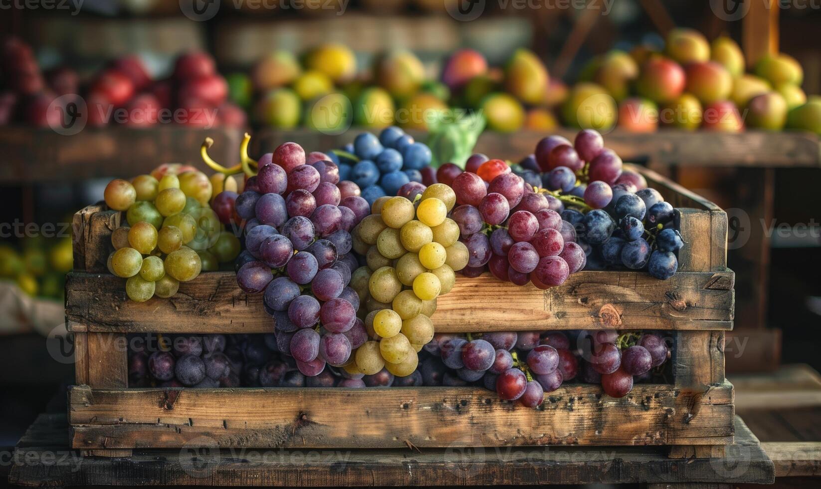 Grapes in a rustic crate at a farm market photo