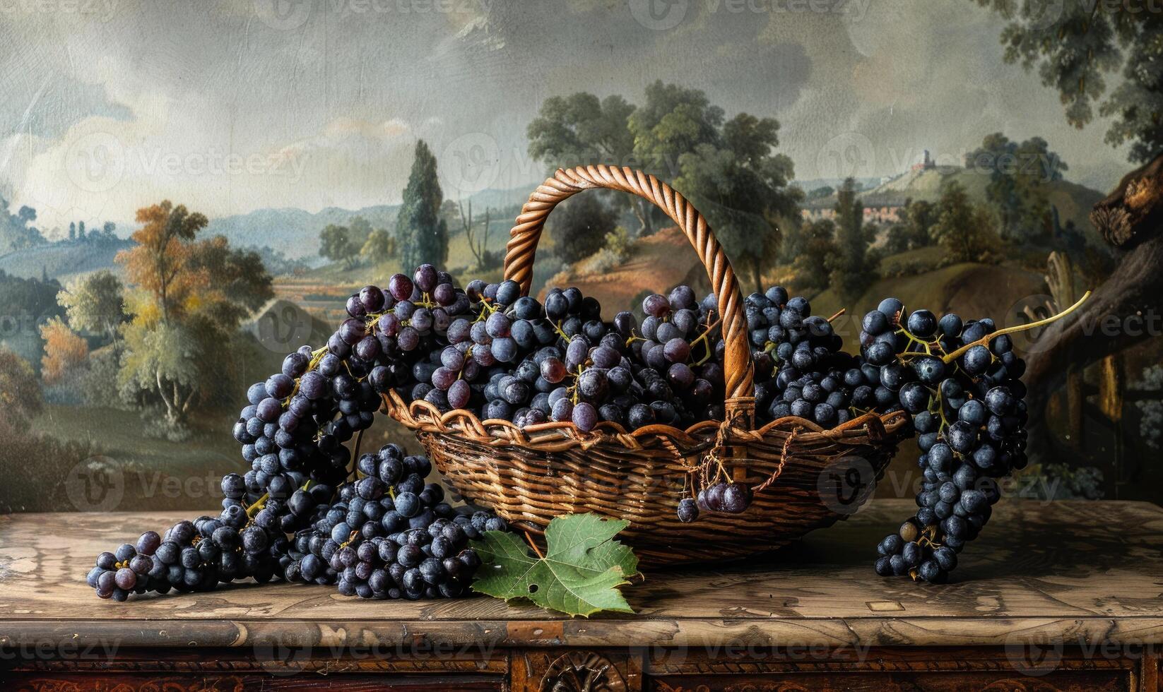 Grapes in a woven basket with a pastoral backdrop photo