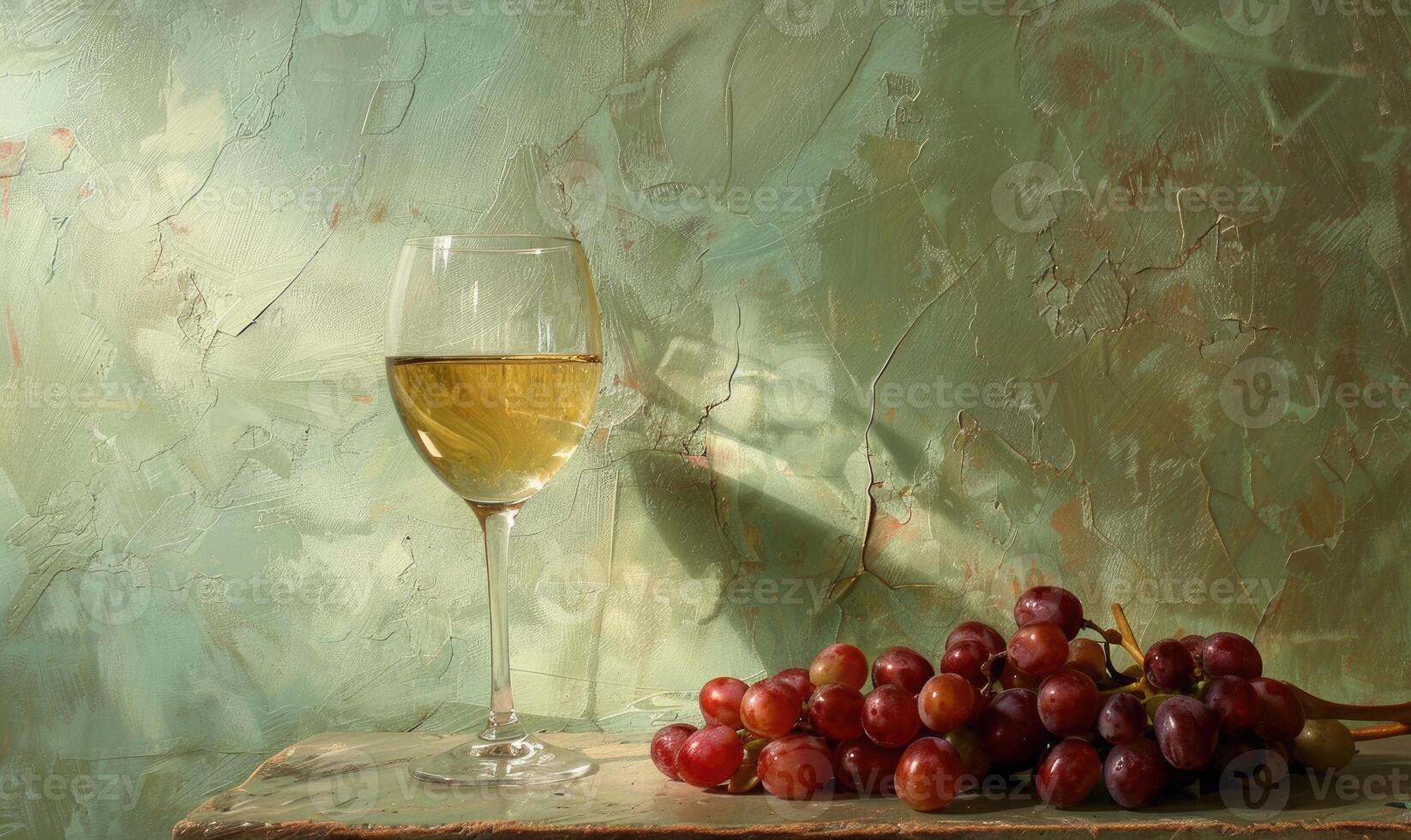 Grapes on a pale green background with a glass of white wine photo