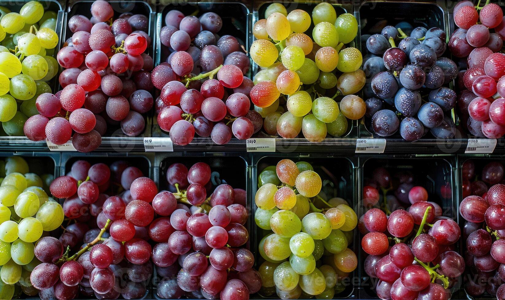Grapes neatly arranged in a grocery store display photo