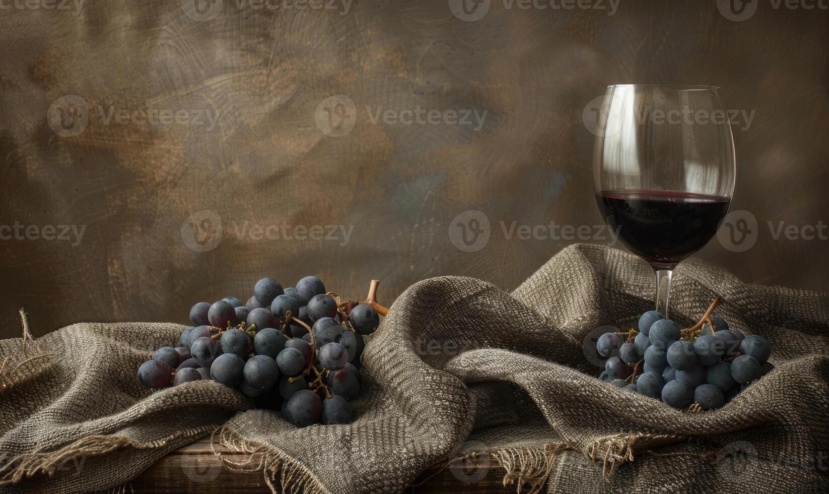 Grapes on a rustic burlap cloth with a glass of red wine photo