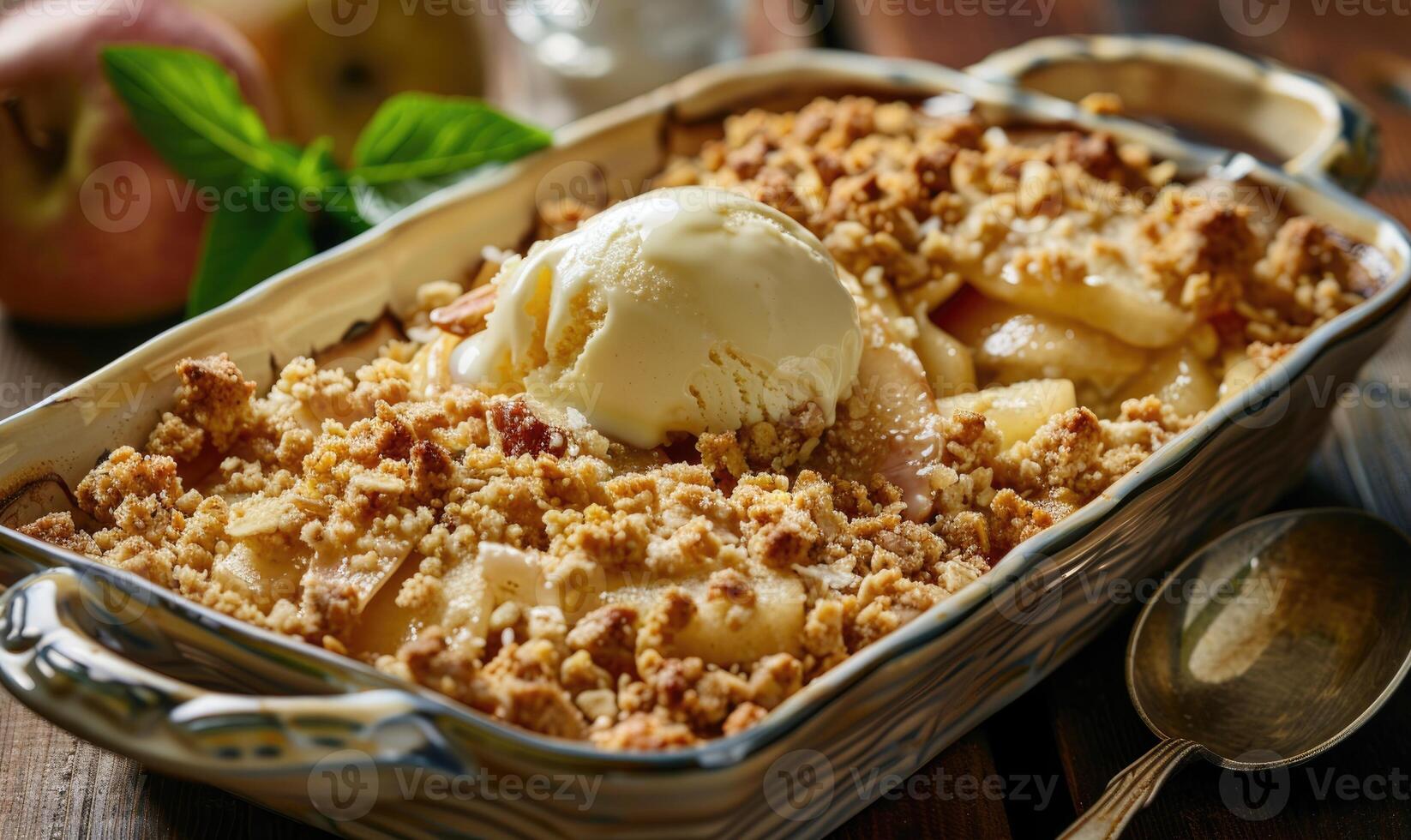 Pear and ginger crumble in a baking dish photo