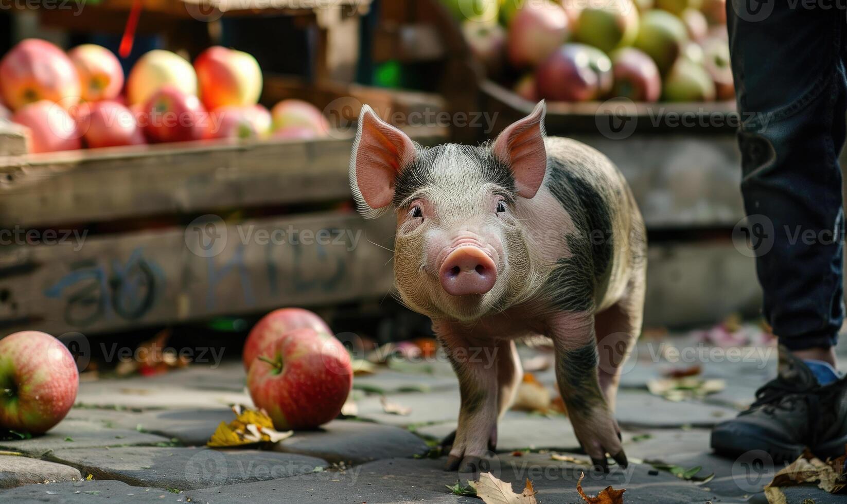 Piglet savoring an apple in an orchard photo