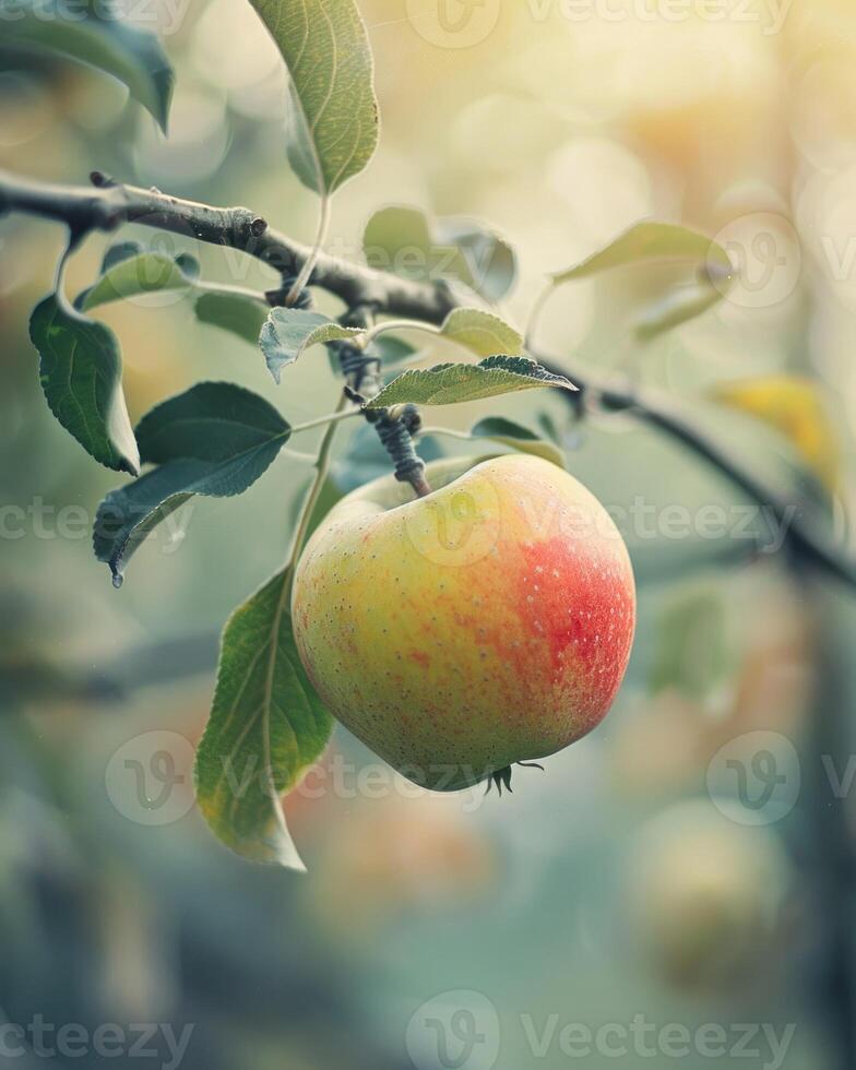 Red and green apple hanging from a branch photo