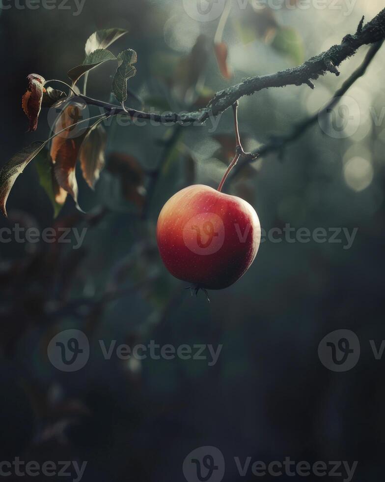 Single apple hanging from a branch photo
