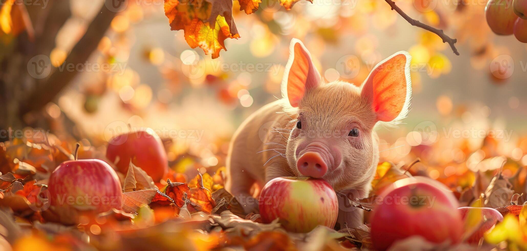 Piglet biting into an apple under a tree photo