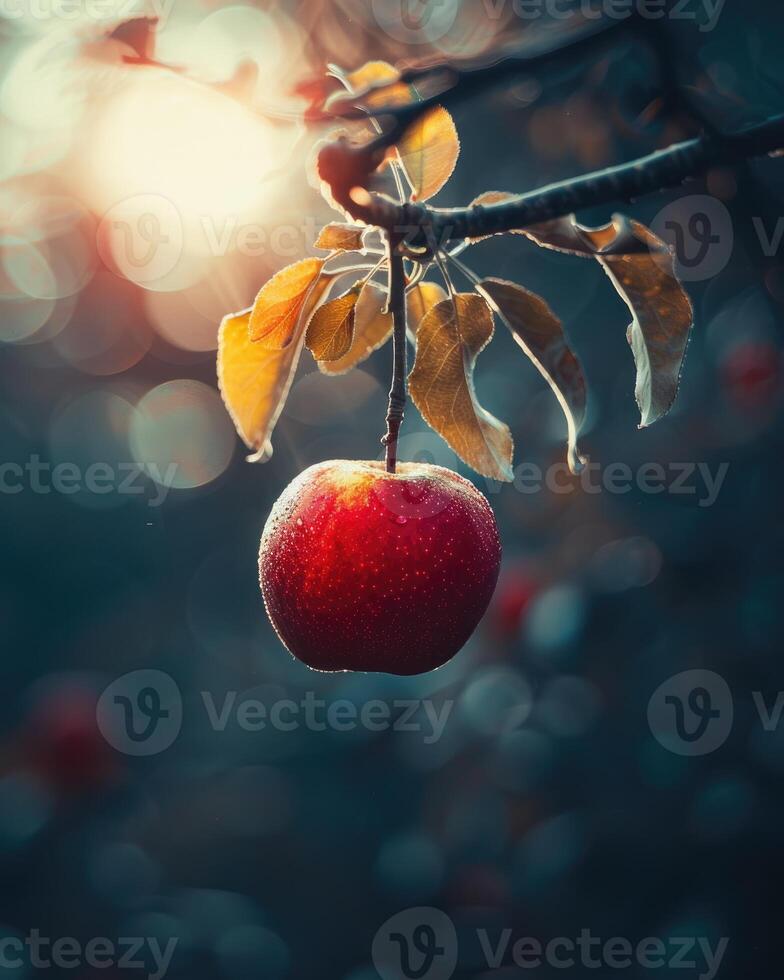 Single apple hanging from a branch photo