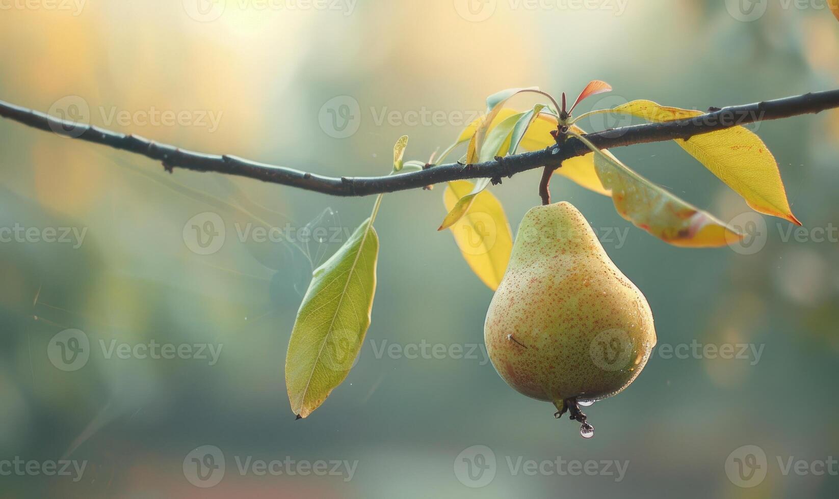 Pear with a small leaf attached, on a branch with a soft focus background photo