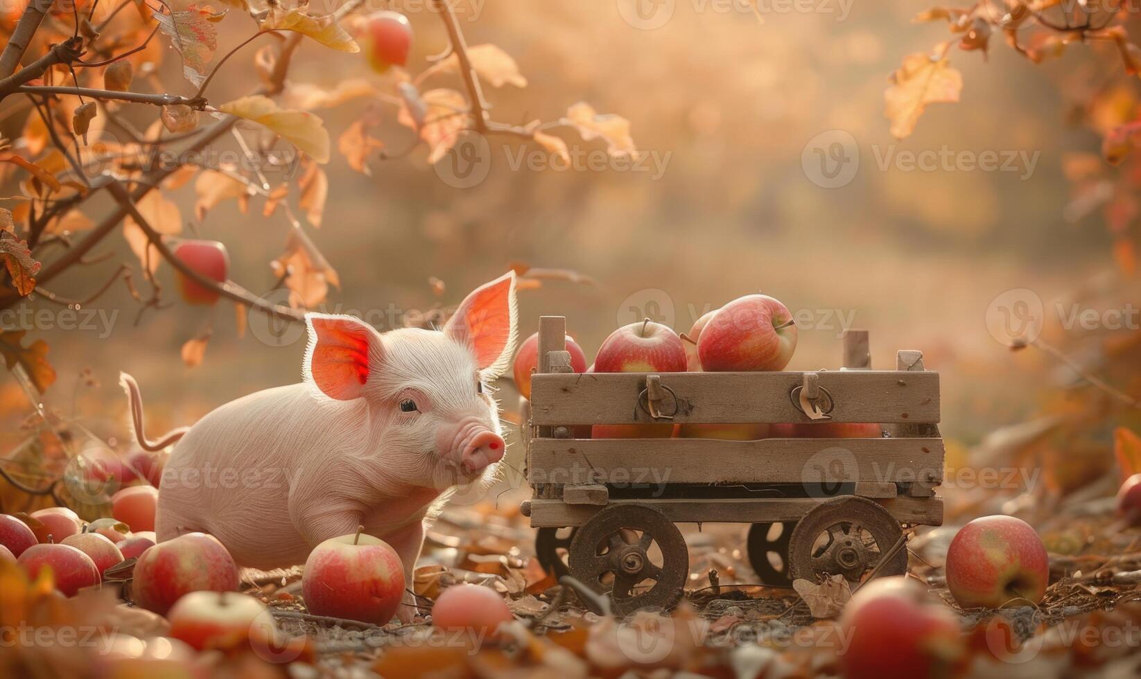 Piglet biting into an apple under a tree photo