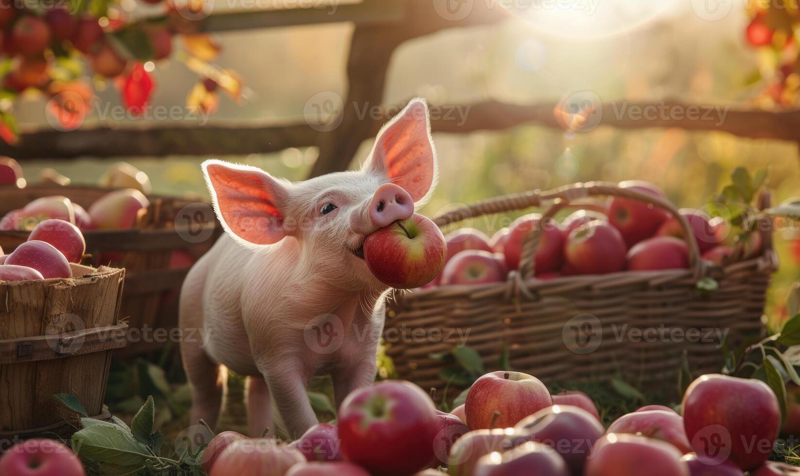 Piglet happily eating an apple by a rustic apple stand photo