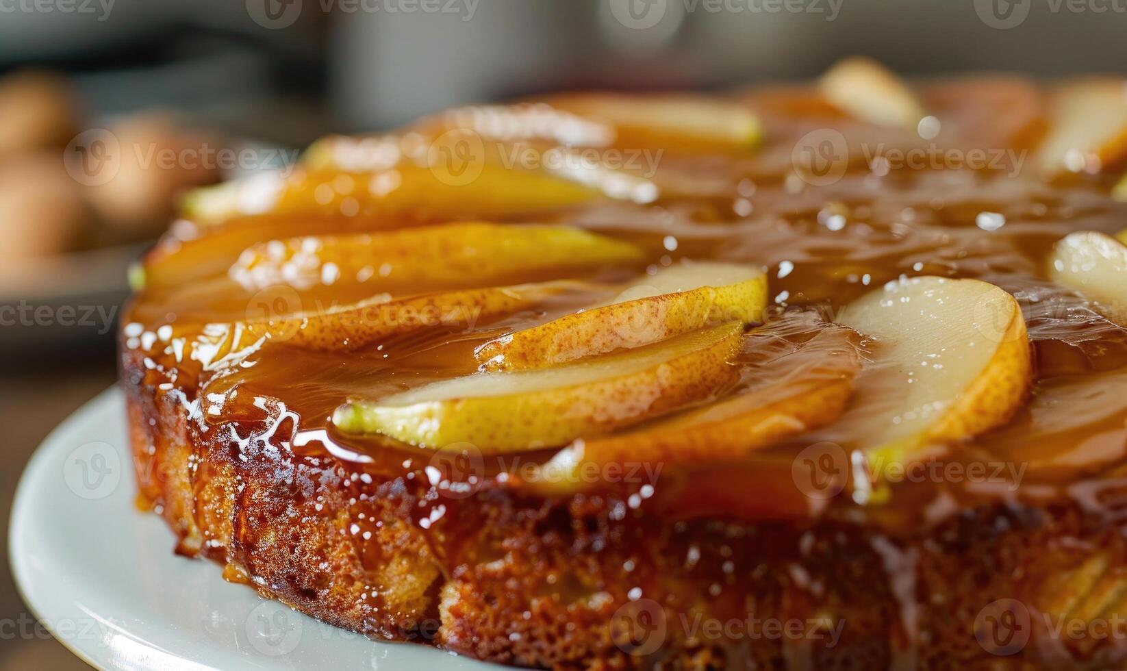 Pear upside-down cake, golden and caramelized photo