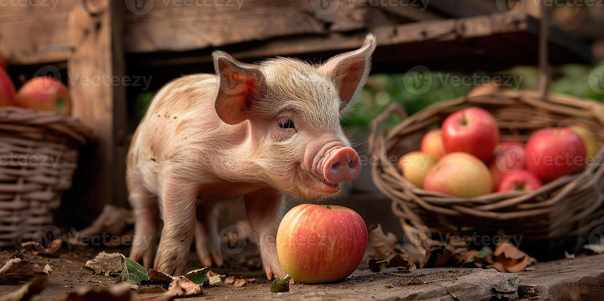 Piglet happily eating an apple by a rustic apple stand photo