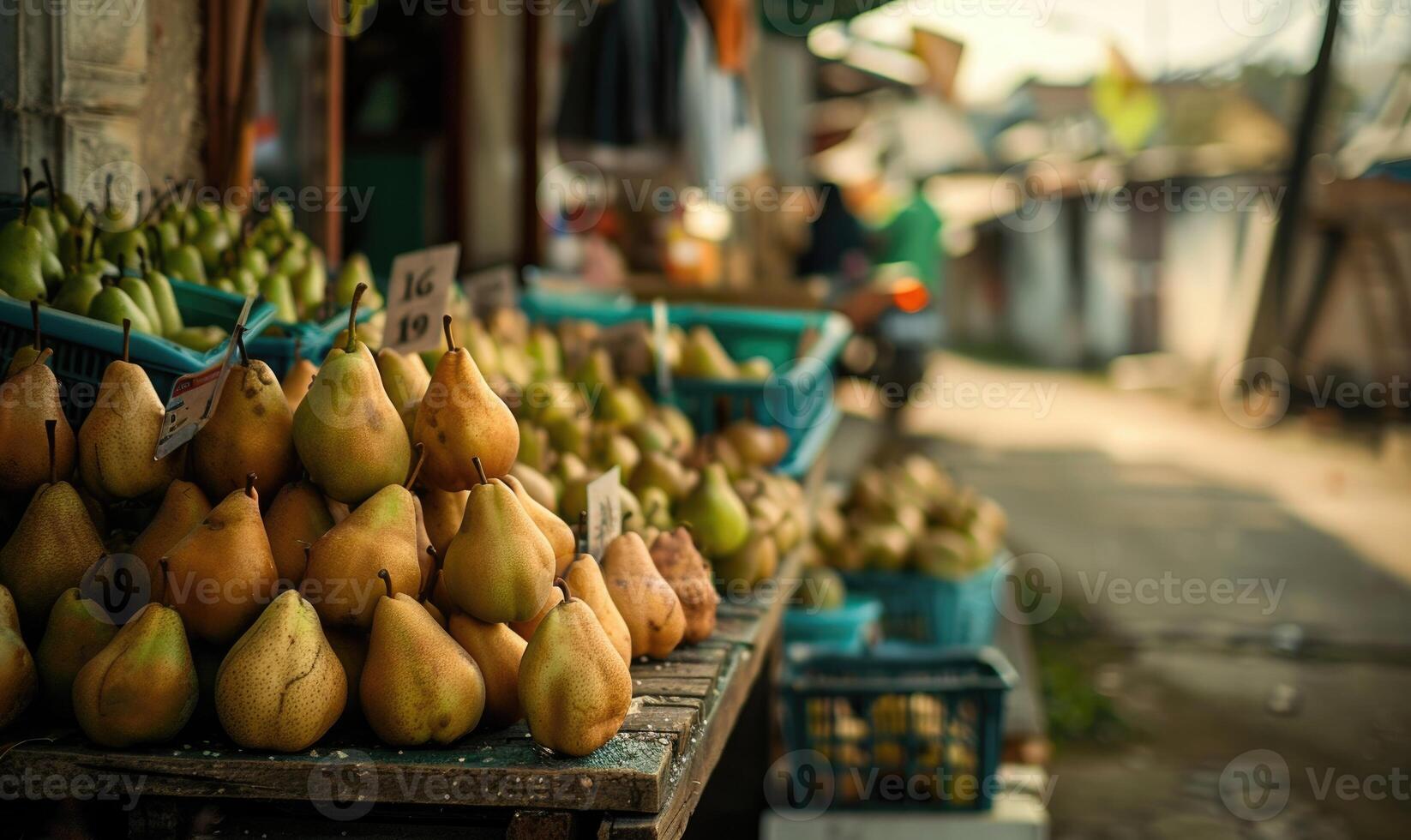 Pears displayed for sale at a roadside stand photo