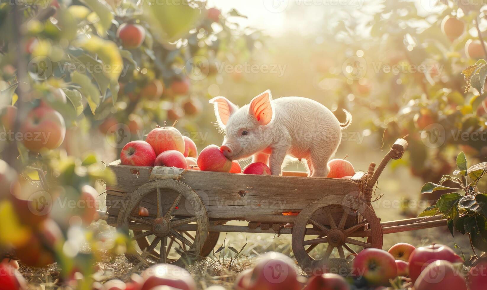 Piglet eating an apple next to a wooden cart filled with apples photo
