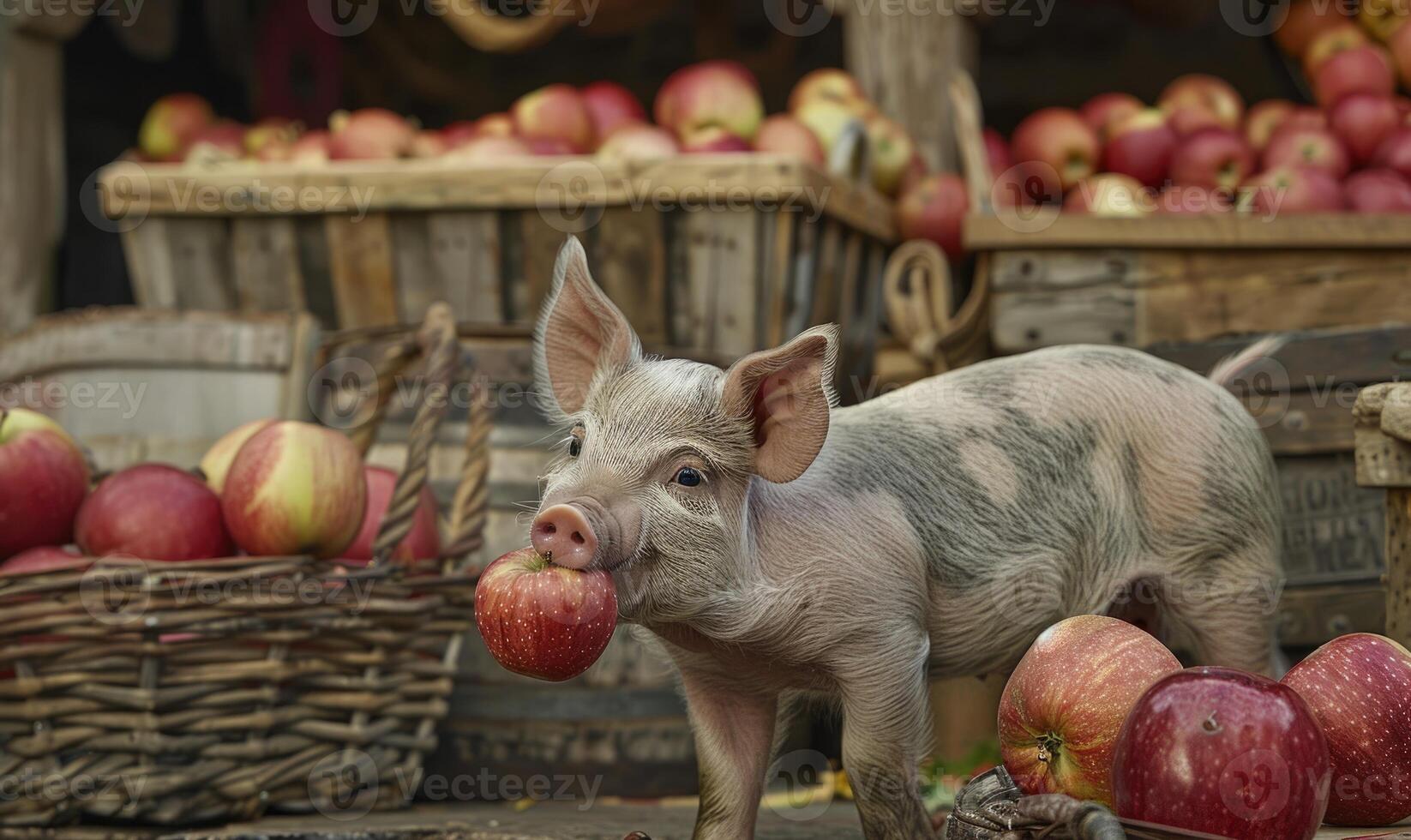 Piglet happily eating an apple by a rustic apple stand photo