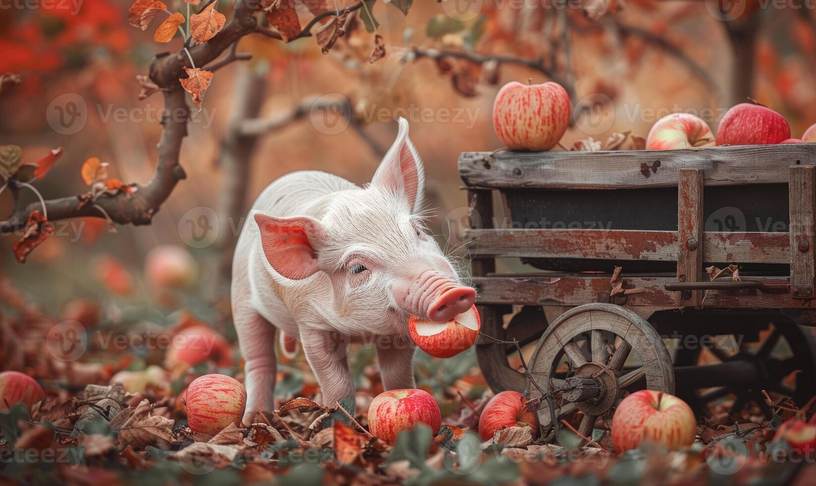 Piglet biting into an apple under a tree photo
