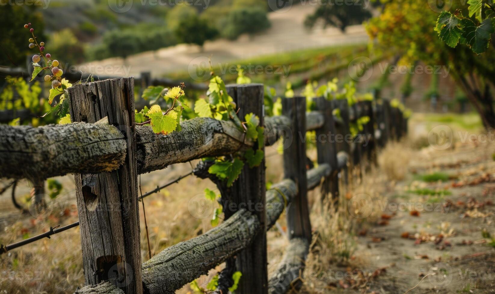 Vineyard with a rustic wooden fence and grapevines photo