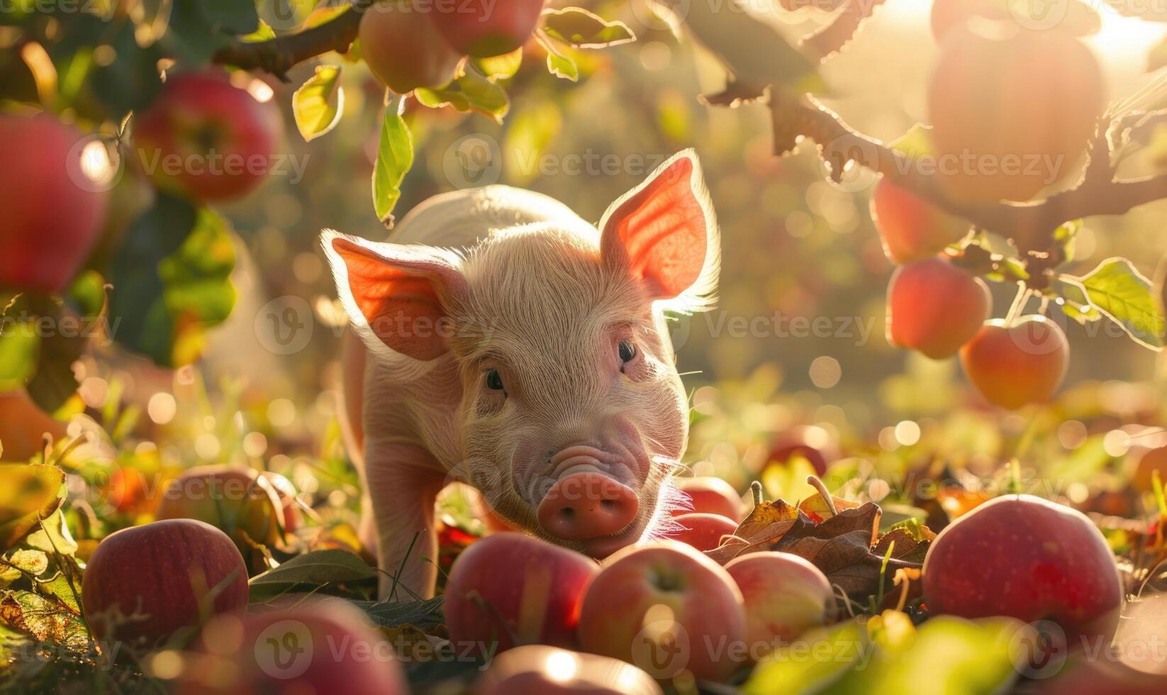 Piglet biting into an apple under a tree photo