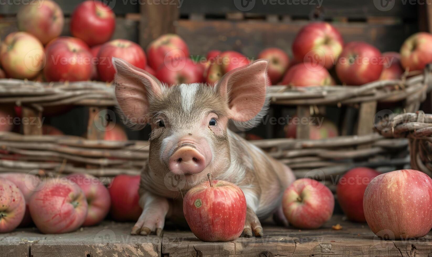 Piglet happily eating an apple by a rustic apple stand photo